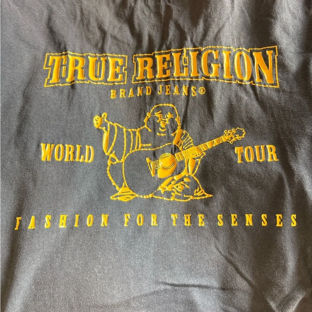True Religion Distressed Black Buddha Logo Tee Shirt with Gold Emblem Medium